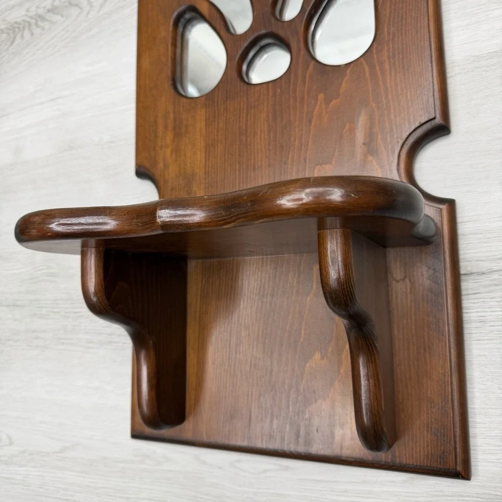 Vintage Wood Wall Shelf Mirror Inlay Display Shelf Pegs Handmade 1983 Folk Art